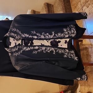 St John Collection Navy Blue leather jacket with white embroidery Size 16